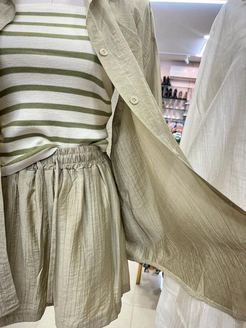 Chiffon Collar Shirt and Short With Stripes Tang Top Sets